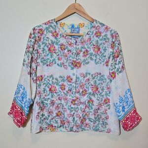 Johnny‎ Was Floral Cardigan Blouse XS Silk Cupra Rayon Whimsy Twee Reversible